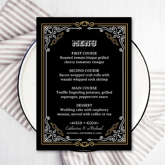 Vintager Deko Art Elegante Schwarz-weiße Hochzeit Menükarte