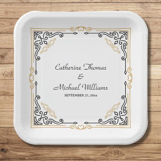 Vintager Deko Art Elegante Schwarz-weiße Hochzeit Pappteller