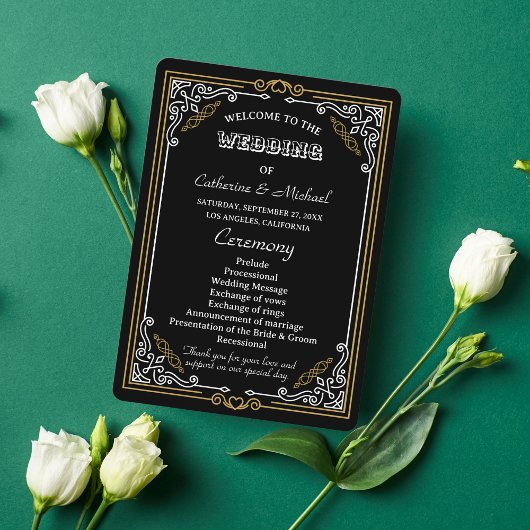 Vintager Deko Art Elegante Schwarz-weiße Hochzeit Programm