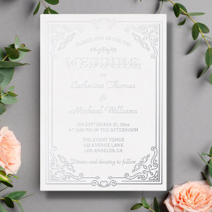 Vintager Deko Art Elegante White & Silver Wedding Folieneinladung