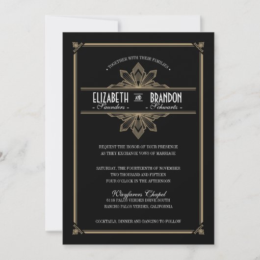 Vintager Deko Black & Gold Hochzeitsempfang Einladung (Vorderseite)