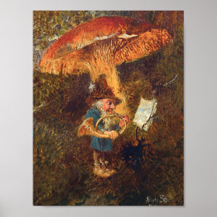 Vintager deutscher Gnome, der Horn unter einem Pil Poster