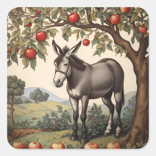 Vintager Donkey unter einem Apfelbaum Quadratischer Aufkleber (Vorderseite)