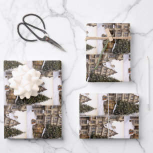 Vintager Dorfweihnachtsbaum Ansammlung Teetuch Geschenkpapier Set