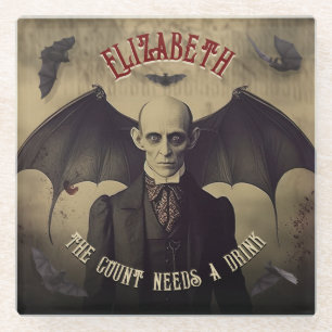 Vintager Dracula mit Fledermäusen Halloween Glasuntersetzer