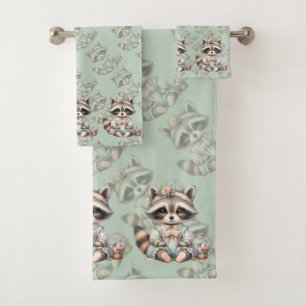 Vintager Dressierter Cottailcore Raccoon Pasta Badhandtuch Set