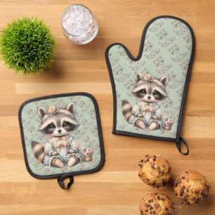 Vintager Dressierter Cottailcore Raccoon Pasta Ofenhandschuh & Topflappen-Set