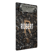 Vintager, dunkelbraun gearbeitete Ledermonogrammna Mini Klemmbrett (Schrägansicht)