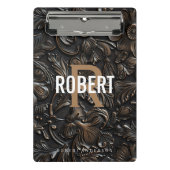 Vintager, dunkelbraun gearbeitete Ledermonogrammna Mini Klemmbrett (Vorderseite)