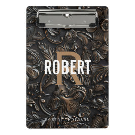 Vintager, dunkelbraun gearbeitete Ledermonogrammna Mini Klemmbrett