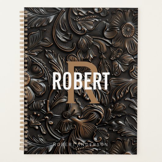 Vintager, dunkelbraun gearbeitete Ledermonogrammna Planer (Vorderseite)