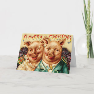 Vintager Ehemann und Ehefrau Pig Couple Merry Chri Feiertagskarte