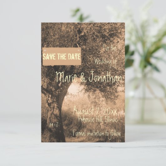 Vintager Eichenbaum Save the Date Hochzeit (Stehend Vorderseite)