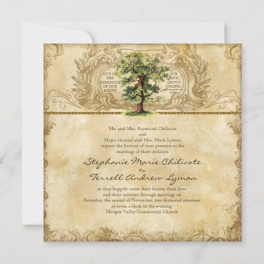 Vintager Eichenbaum Swirl Etchings Einladung (Rückseite)