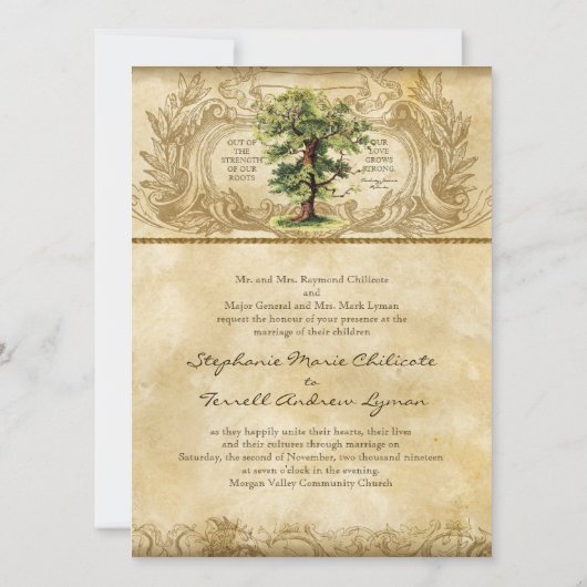 Vintager Eichenbaum Swirl Etchings Einladung (Rückseite)