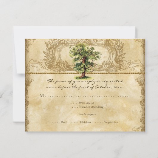 Vintager Eichenbaum Swirl Etchings RSVP Karte (Rückseite)