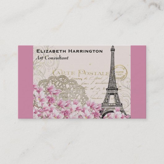 Vintager Eiffelturm Collage mit rosa Wildblume Visitenkarte (Vorderseite)
