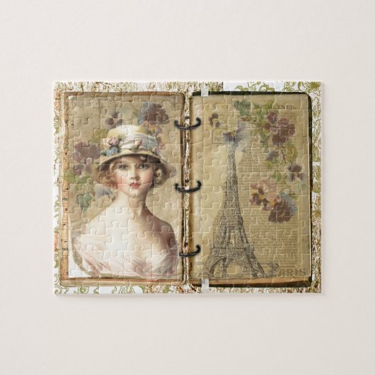 Vintager Eiffelturm & Girl - Liebe Paris Puzzle (Horizontal)