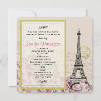 Vintager Eiffelturm mit rosa Blume Geburtstag Einladung