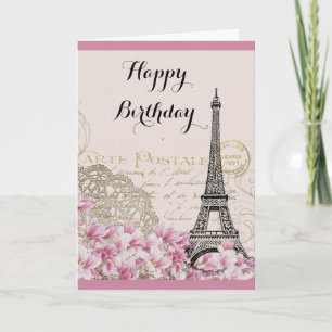 Vintager Eiffelturm mit rosa Blume Geburtstag Karte