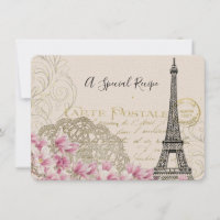 Vintager Eiffelturm mit rosa Blume Rezeptkarte