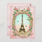 Vintager Eiffelturm mit rosa Rosen Postkarte (Vorne/Hinten)