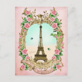 Vintager Eiffelturm mit rosa Rosen Postkarte (Vorderseite)