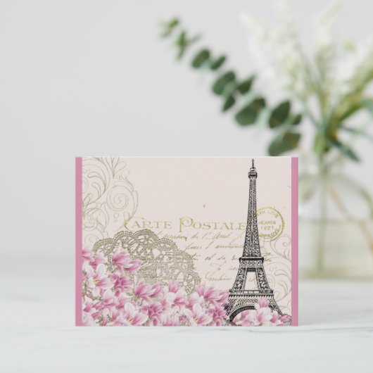 Vintager Eiffelturm mit rosa Wildblumen Postkarte (Stehend Vorderseite)