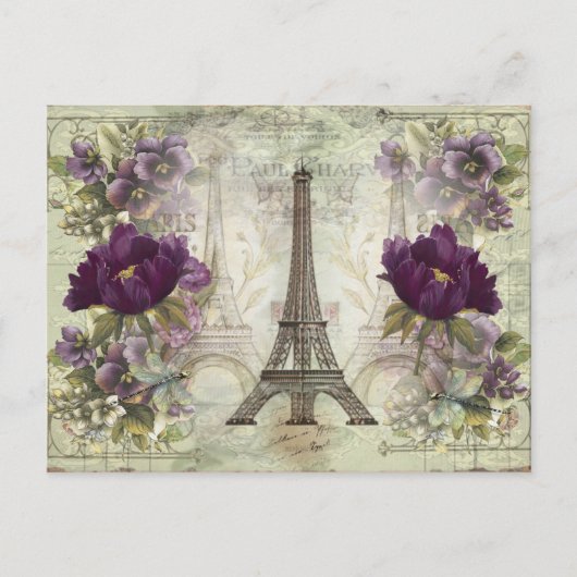 Vintager Eiffelturm Paris Frankreich mit Blume Postkarte (Vorderseite)