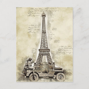 Vintager Eiffelturm Paris Frankreich mit Militär Postkarte