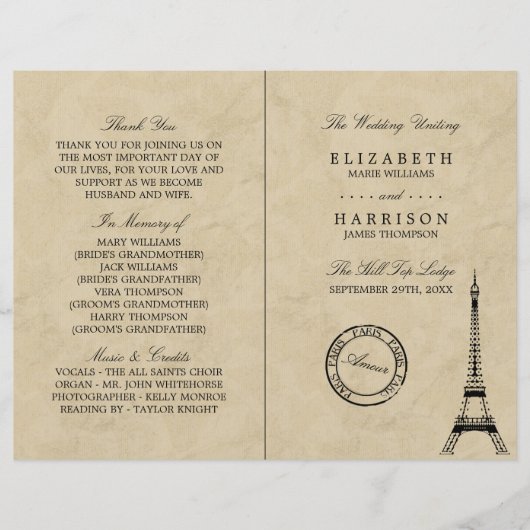 Vintager Eiffelturm Paris Hochzeitsprogramm (Vorderseite)
