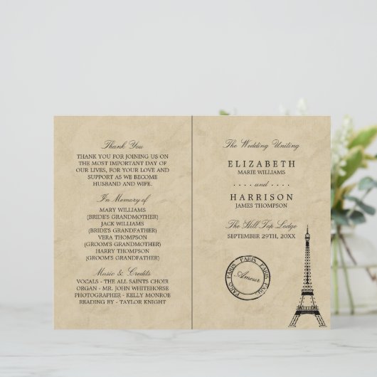 Vintager Eiffelturm Paris Hochzeitsprogramm (Stehend Vorderseite)