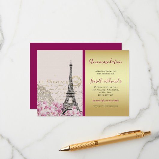 Vintager Eiffelturm Rosa Blüten Gold Burgund Begleitkarte (Vorderseite/Rückseite Beispiel)