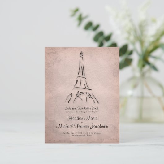 Vintager Eiffelturm Sepia Einladung zur Hochzeit (Stehend Vorderseite)