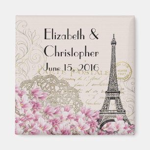 Vintager Eiffelturm und rosa Blume Hochzeitstag Magnet