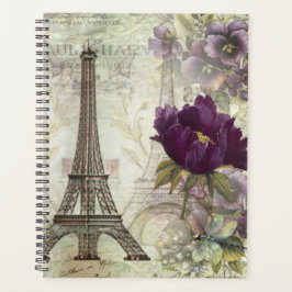 Vintager Eiffelturm und violette Blumen Planer
