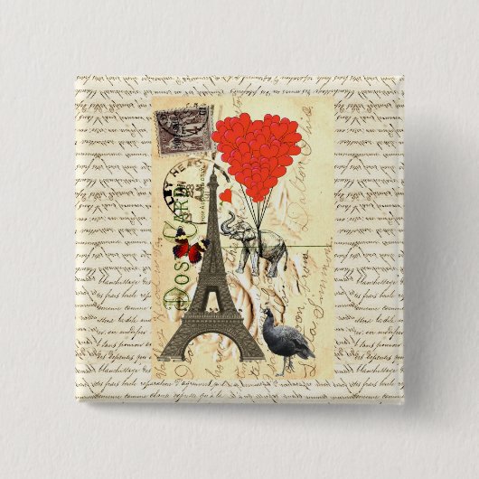 Vintager Elefant und Luftballons aus rotem Herzen Button (Vorderseite)