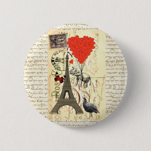Vintager Elefant und rote Herzballone Button (Vorderseite)