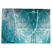 Vintager eleganter Aquamariner Blumenmuster-Glitze Große Geschenktüte (Rückseite)