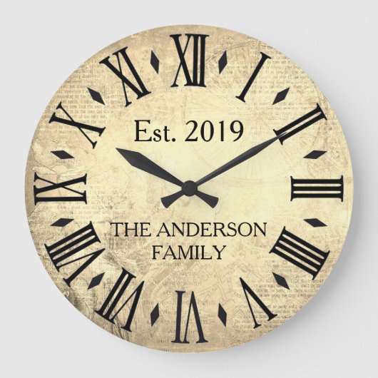 Vintager eleganter Familienname römischer Numerus  Große Wanduhr (Vorderseite)
