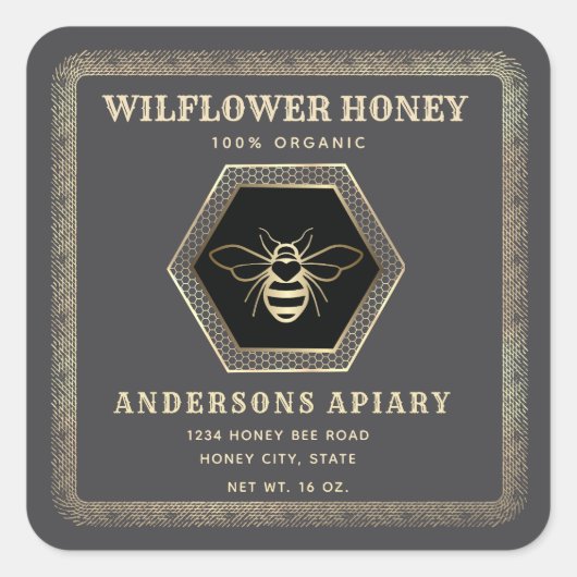 Vintager, eleganter Hexagon-Honigmarmelade Quadratischer Aufkleber (Vorderseite)