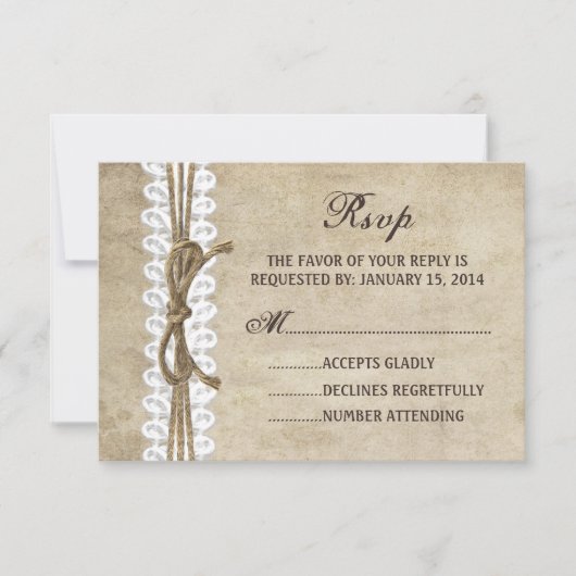 Vintager Eleganter Twine auf Lace Wedding RSVP-Kar RSVP Karte (Vorderseite)