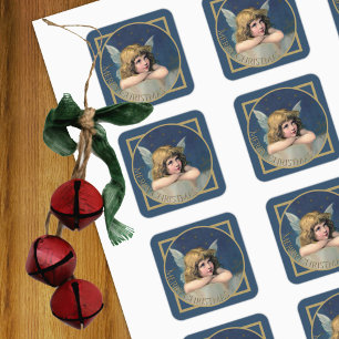 Vintager Engel Frohe Weihnachtsblau und Gold Quadratischer Aufkleber