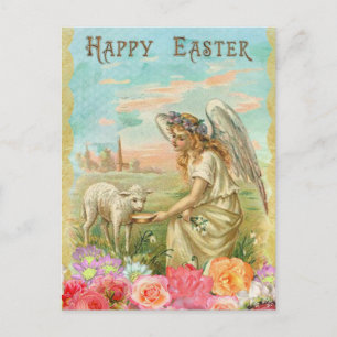 Vintager Engel & Lamm Ostern Personalisierte Postk Feiertagspostkarte