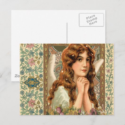 Vintager Engel mit Blume Postkarte (Vorne/Hinten)