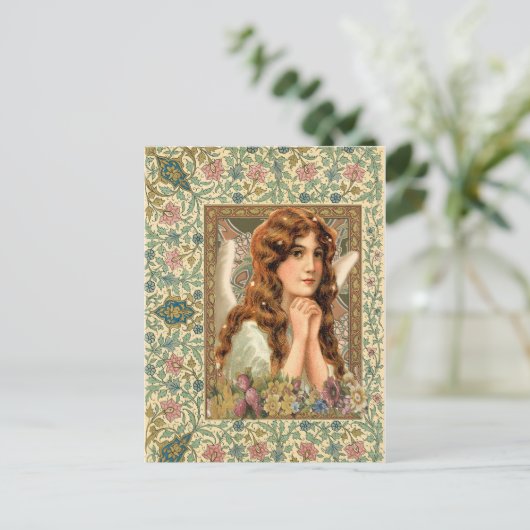 Vintager Engel mit Blume Postkarte (Stehend Vorderseite)