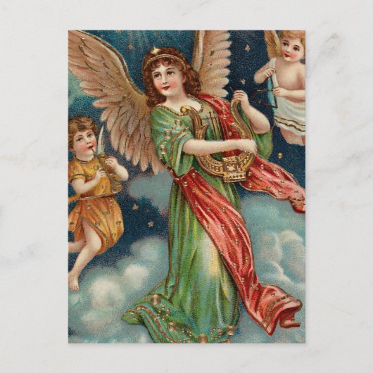 Vintager Engel mit Harfe und zwei Cherubs Postkarte (Vorderseite)