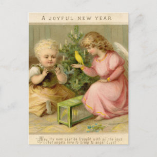 Vintager Engel mit kanarischer Happy New Year Postkarte