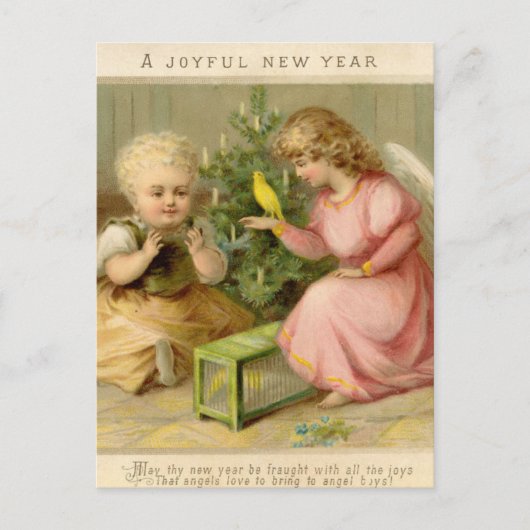 Vintager Engel mit kanarischer Happy New Year Postkarte (Vorderseite)