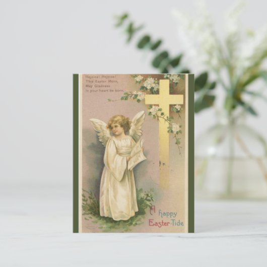 Vintager Engel und Kreuzosterwunsch Postkarte (Stehend Vorderseite)